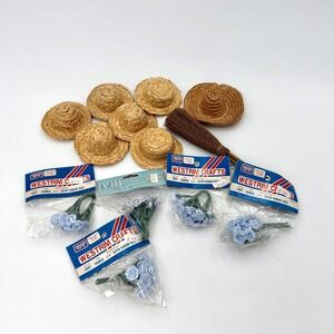 Vintage Westrim Crafts Miniature Bundle Straw Hats Broom Blue Satin Roses 14pc